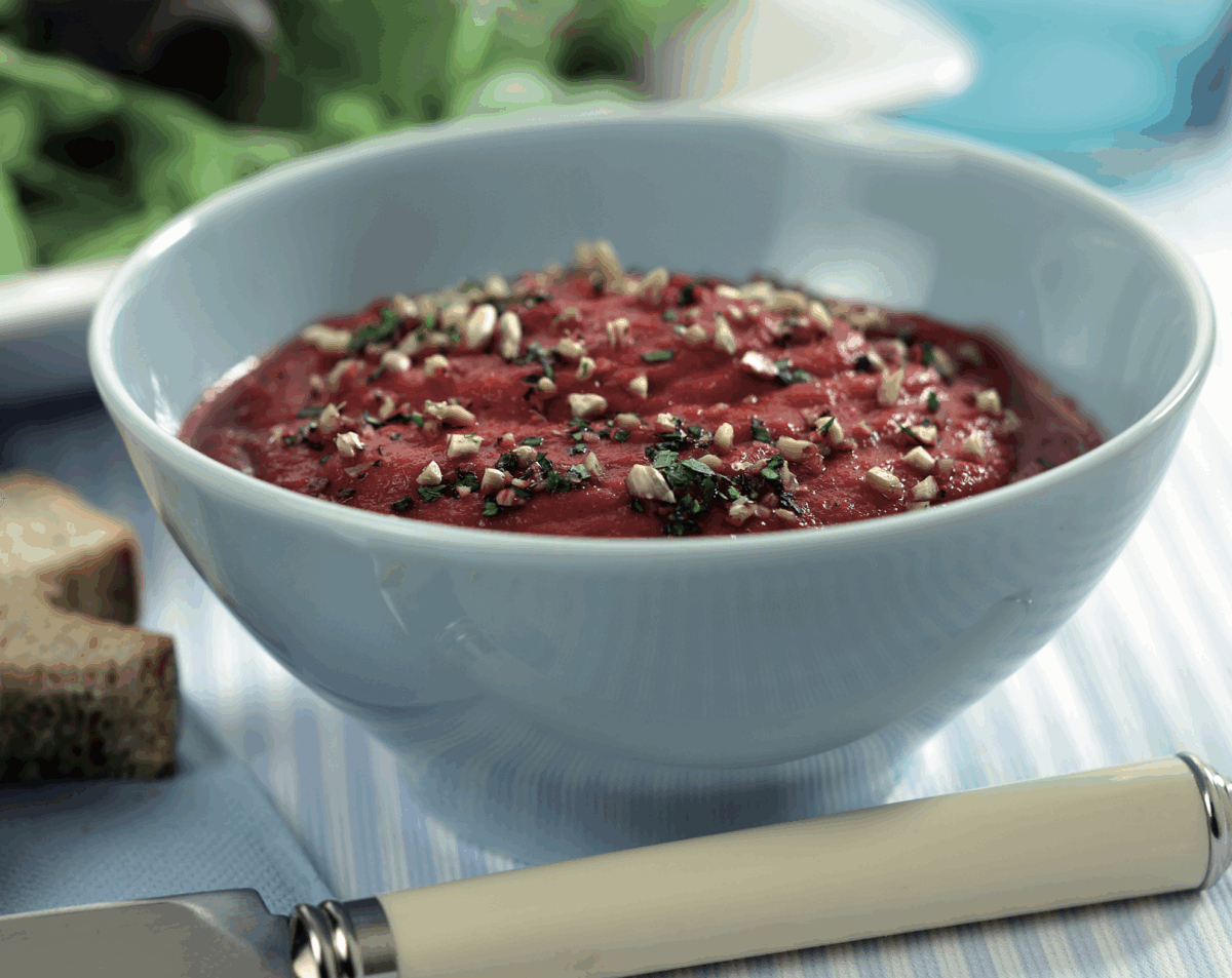 Crostoni con salsa di barbabietola e germogli di girasole