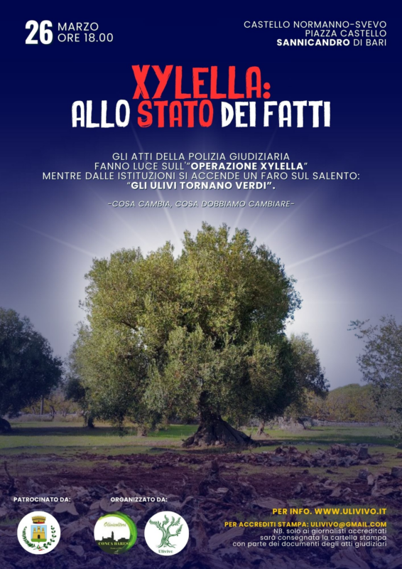 Il 26 marzo, alle 18, al Castello Normanno-Svevo, in Piazza Castello a Sannicandro di Bari, si tiene l'evento dal titolo "Xylella: allo stato dei fatti" organizzato dal Comitato Olivicoltori e Cittadini Conca Barese e dal Comitato Ulivivo, con il patrocinio del Comune.